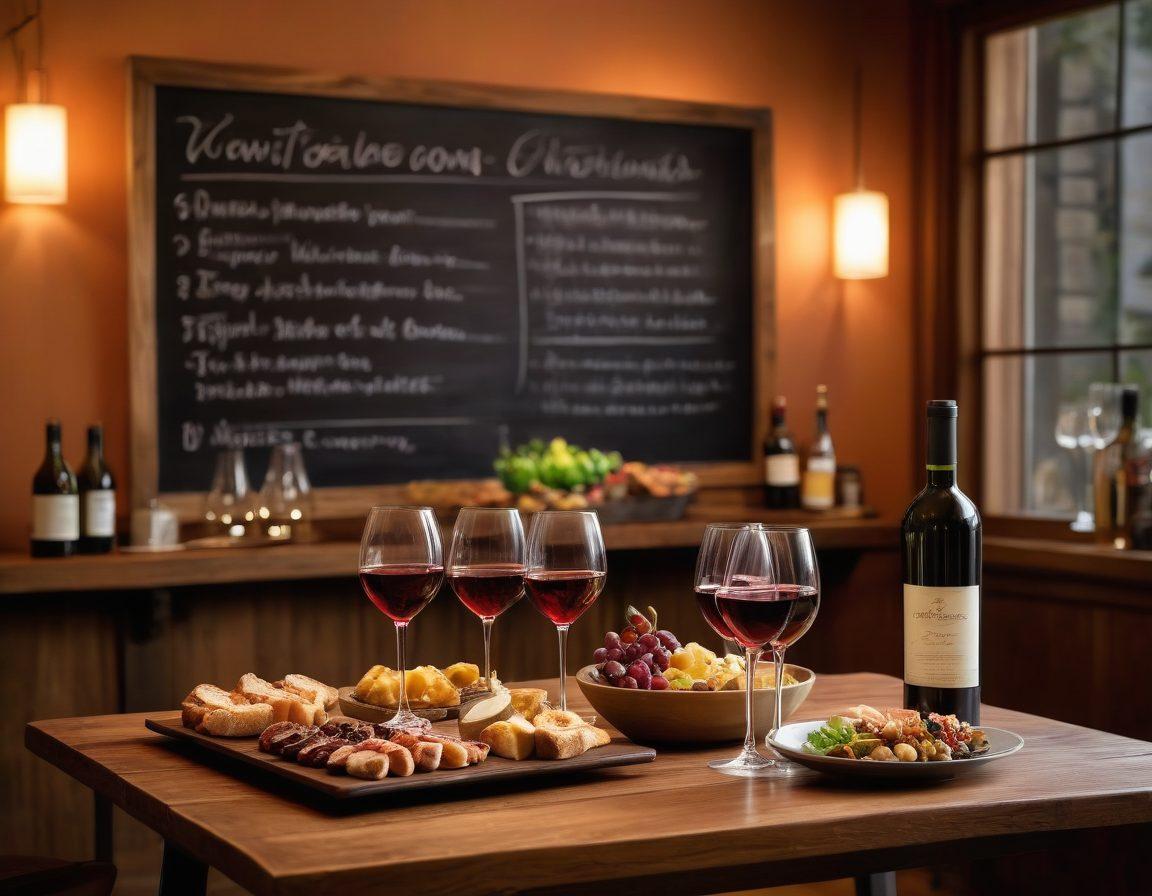 A cozy wine bar setting with a diverse array of wine bottles and glasses arranged artfully on a wooden table. A warm, inviting glow from ambient lighting creates a relaxing atmosphere. Dishes of gourmet appetizers are placed nearby, and a happy couple is toasting with glasses of red and white wine in the background. The backdrop features a chalkboard menu highlighting happy hour specials. relaxed, warm tones. super-realistic. vibrant colors.