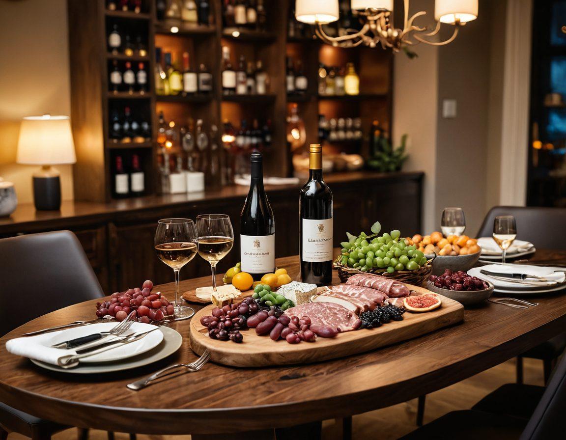 A sophisticated dining table set with elegant wine glasses and a charmingly arranged charcuterie board, bathed in soft, warm lighting. In the background, an illuminated wine rack showcases a variety of exquisite bottles. Overlay subtle hints of financial symbols such as coins and credit cards intertwined with vines representing credit management. The atmosphere is inviting, suggesting a perfect happy hour. super-realistic. warm hues. elegant design.