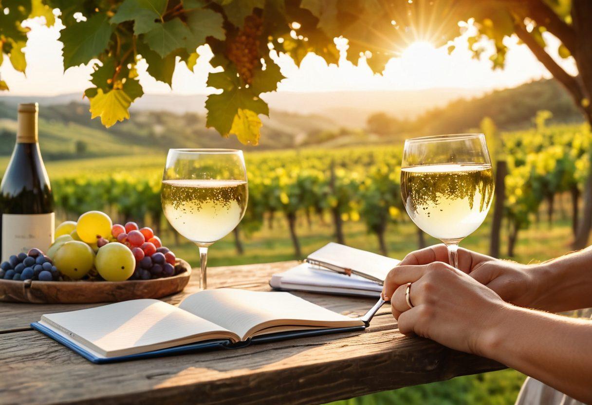 A serene vineyard landscape featuring a wine enthusiast clinking glasses filled with sparkling wine with friends, surrounded by lush grapevines. In the foreground, a stylish notebook and credit card lay on a rustic wooden table, symbolizing financial planning. The sun sets in the background, casting a warm, golden glow over the scene, evoking feelings of joy and tranquility. super-realistic. vibrant colors. soft focus.